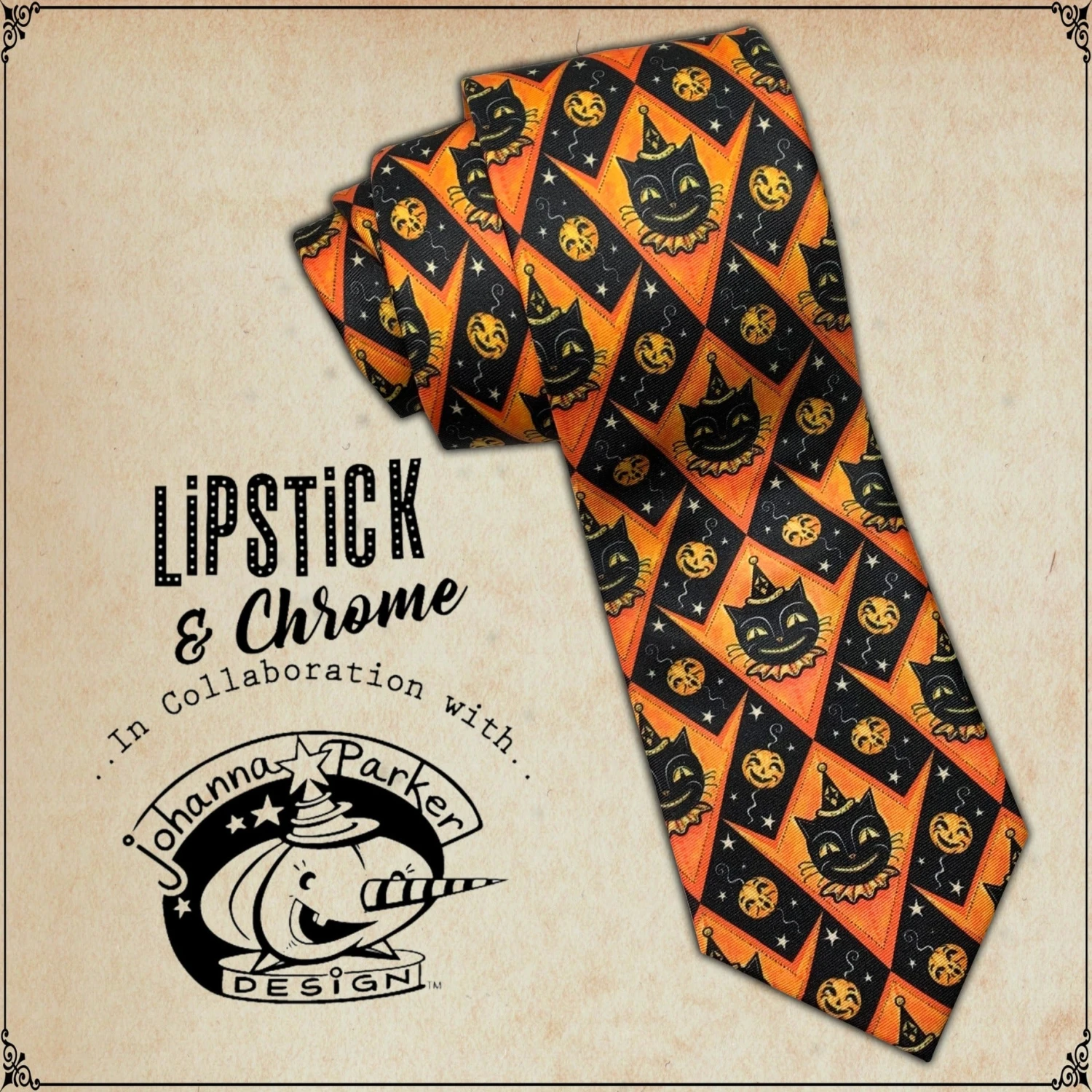 Johanna Parker X Lipstick & Chrome Grinning Cats And Jacks Men's Halloween Tie 4 Johanna Parker X Lipstick & Chrome Grinning Cats And Jacks Men's Halloween Tie - Image 2